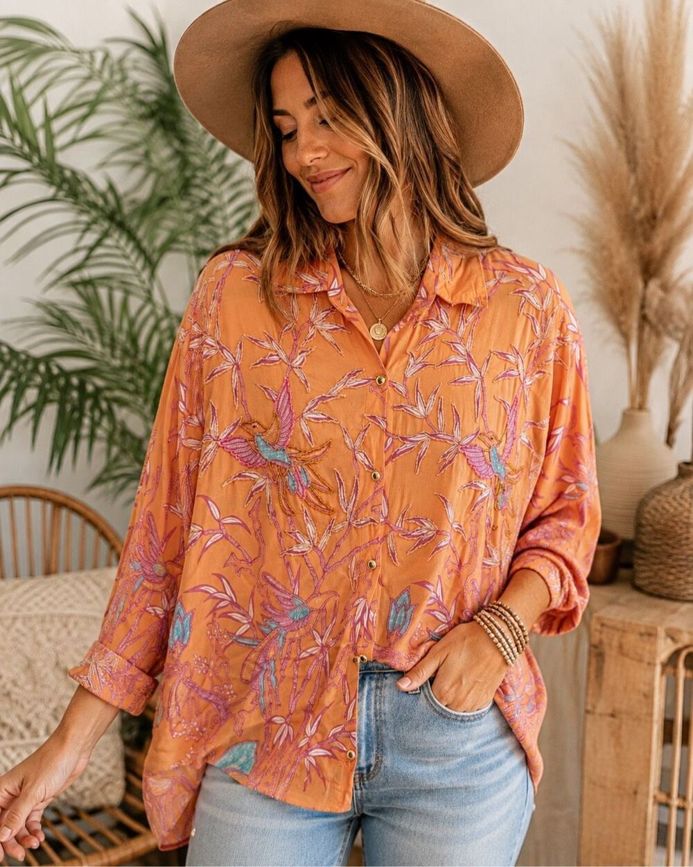 THEMES Vintage Beaded Bird Botanical Rayon Boho Blouse Orange Large